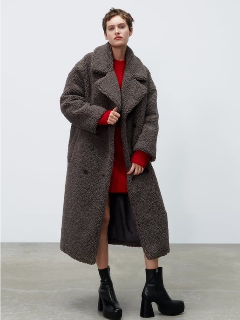 Zara Long Faux Shesrling Teddy Coat - Grey, Women’s XL